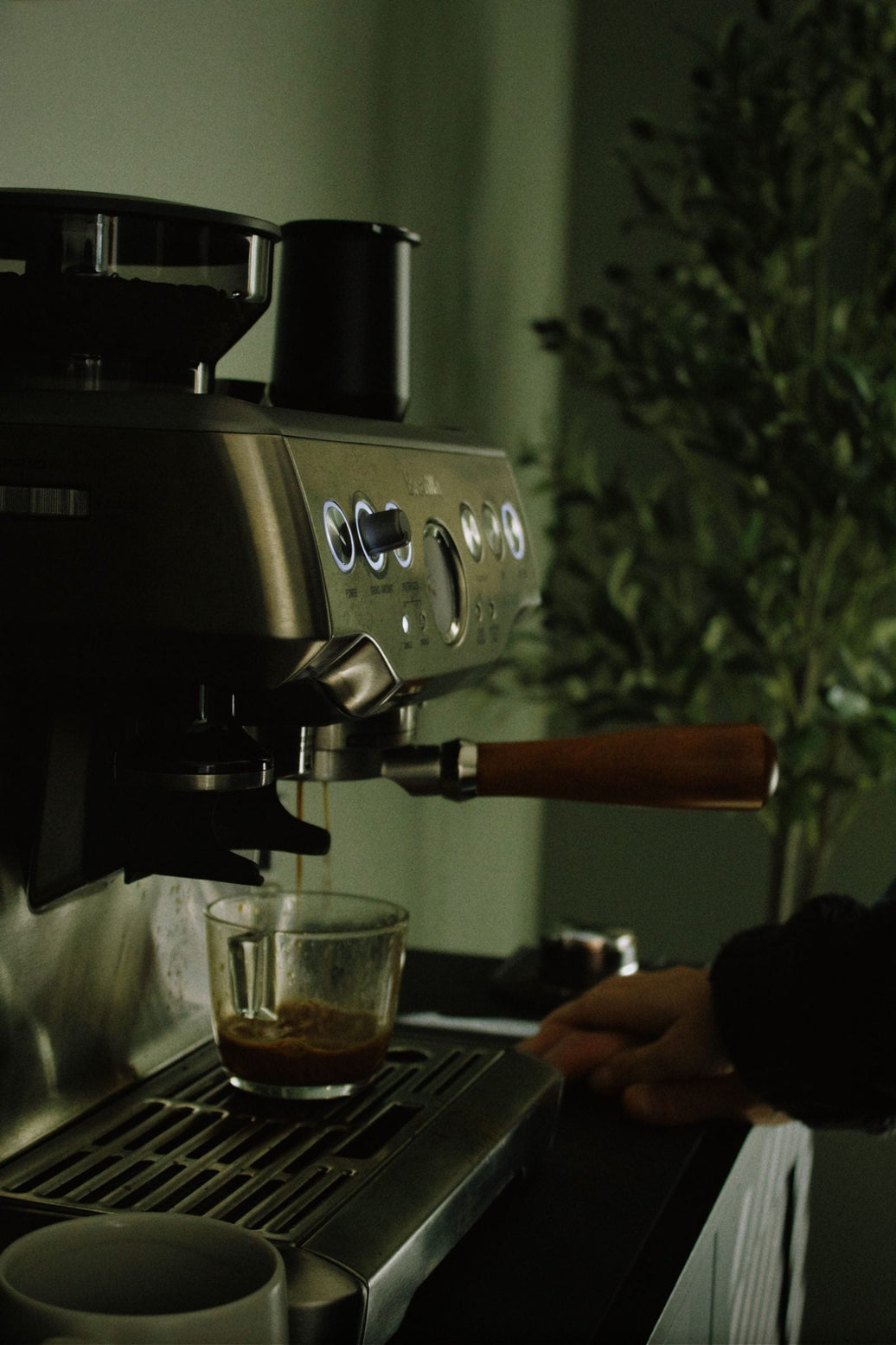 Espresso pulling into a glass on a home machine in a dim kitchen