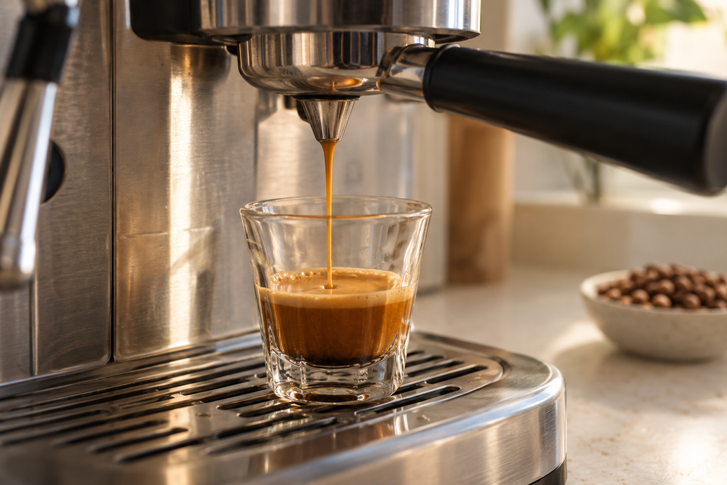 An amber stream of espresso pouring into a clear glass beside light-roast coffee beans.