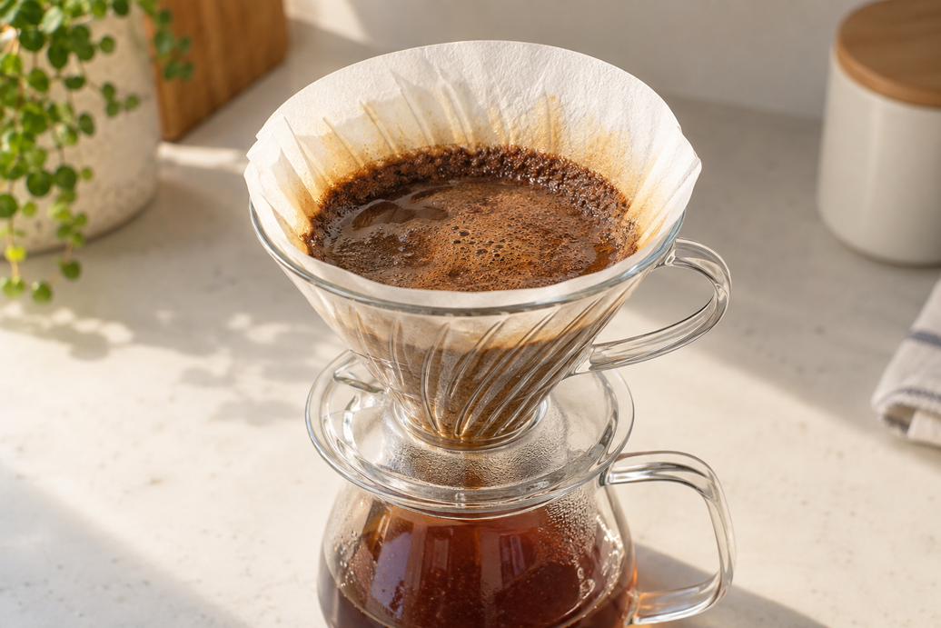 Saturated coffee grounds and pooled water inside a paper-lined clear pour-over dripper.