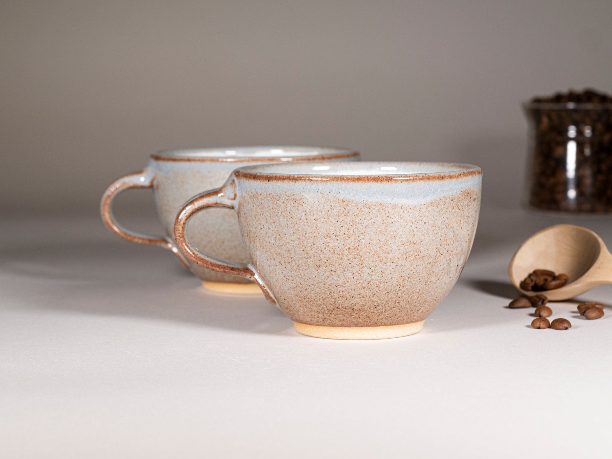Spinware Latte Cup — Brown-Blue & White Stoneware (10–12 oz)