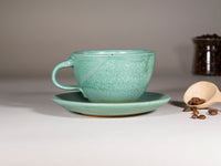Spinware Latte Cup — Green & White Stoneware (10–12 oz)