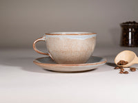 Spinware Latte Cup — Brown-Blue & White Stoneware (10–12 oz)