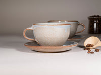 Spinware Latte Cup — Brown-Blue & White Stoneware (10–12 oz)