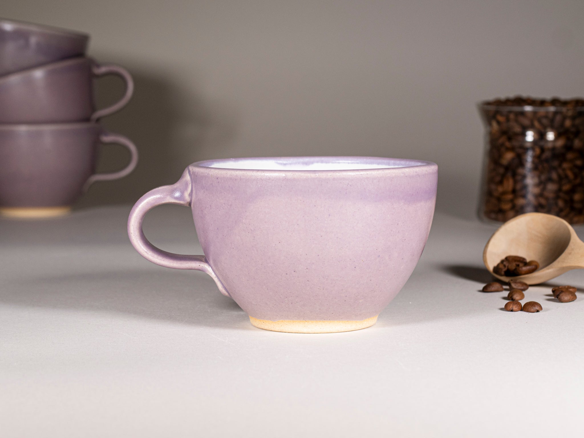 Spinware Latte Cup — Purple & White Stoneware (10–12 oz)