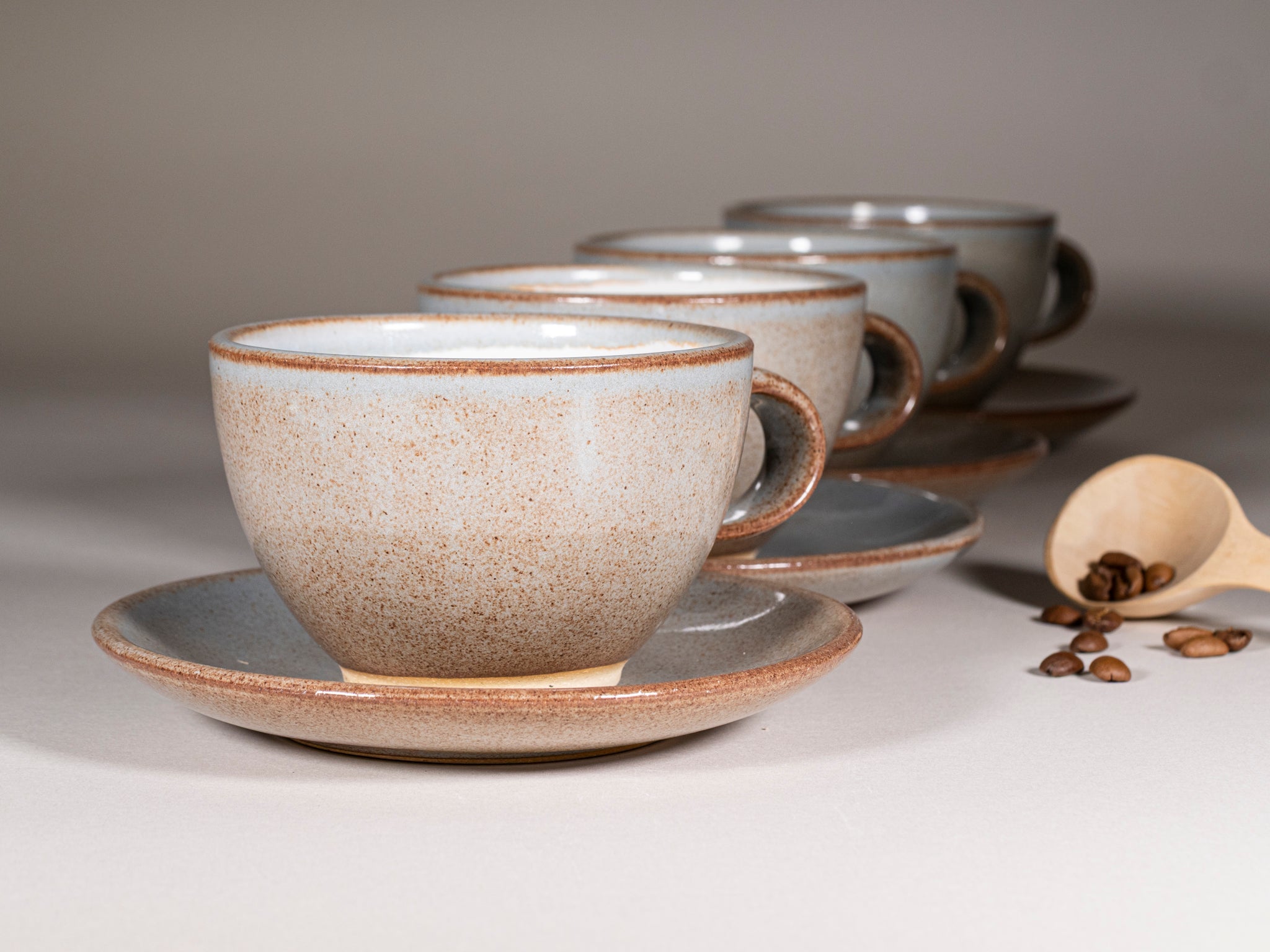 Spinware Latte Cup — Brown-Blue & White Stoneware (10–12 oz)