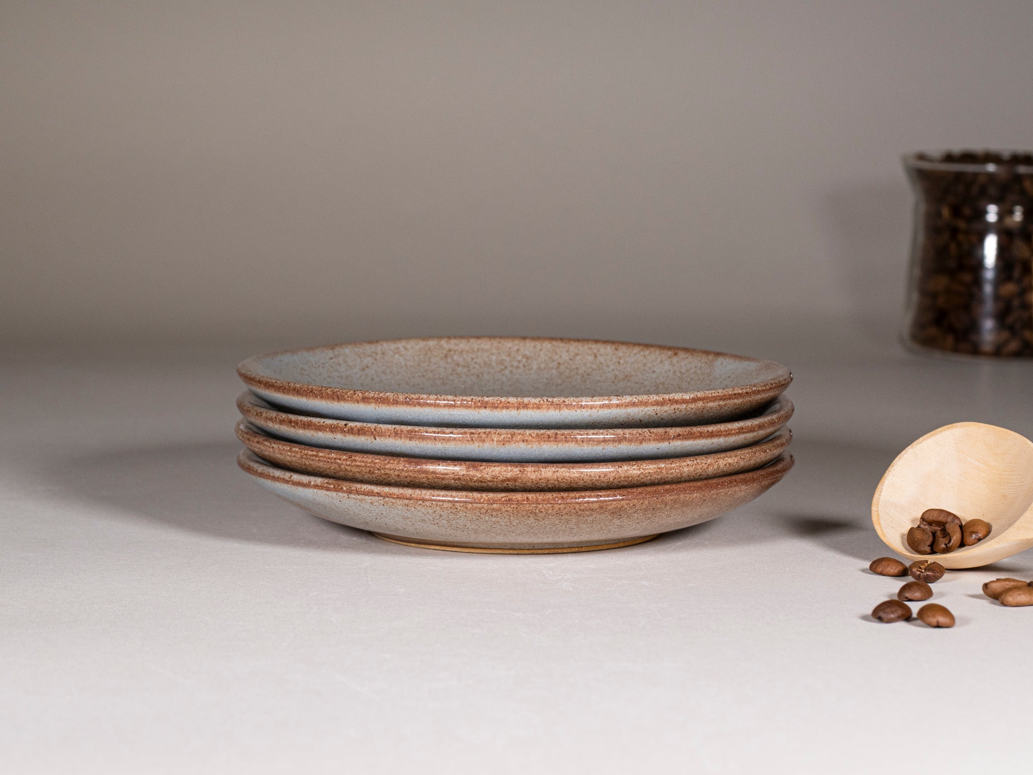 Spinware Latte Cup — Brown-Blue & White Stoneware (10–12 oz)