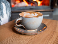 Spinware Latte Cup — Brown-Blue & White Stoneware (10–12 oz)