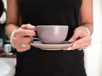 Spinware Latte Cup — Purple & White Stoneware (10–12 oz)
